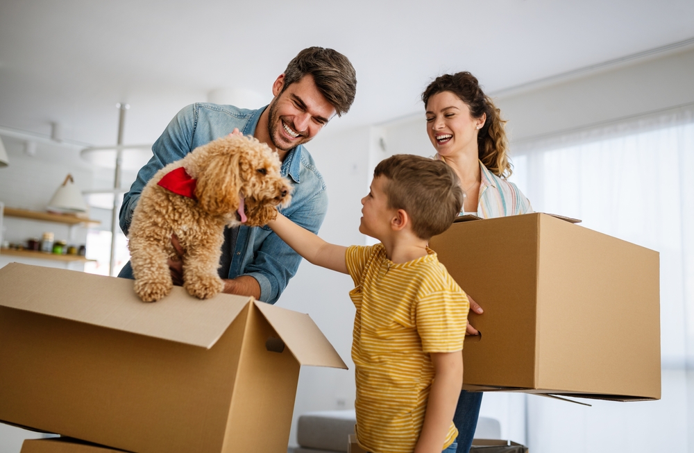 Family moving and unpacking boxes with child and dog