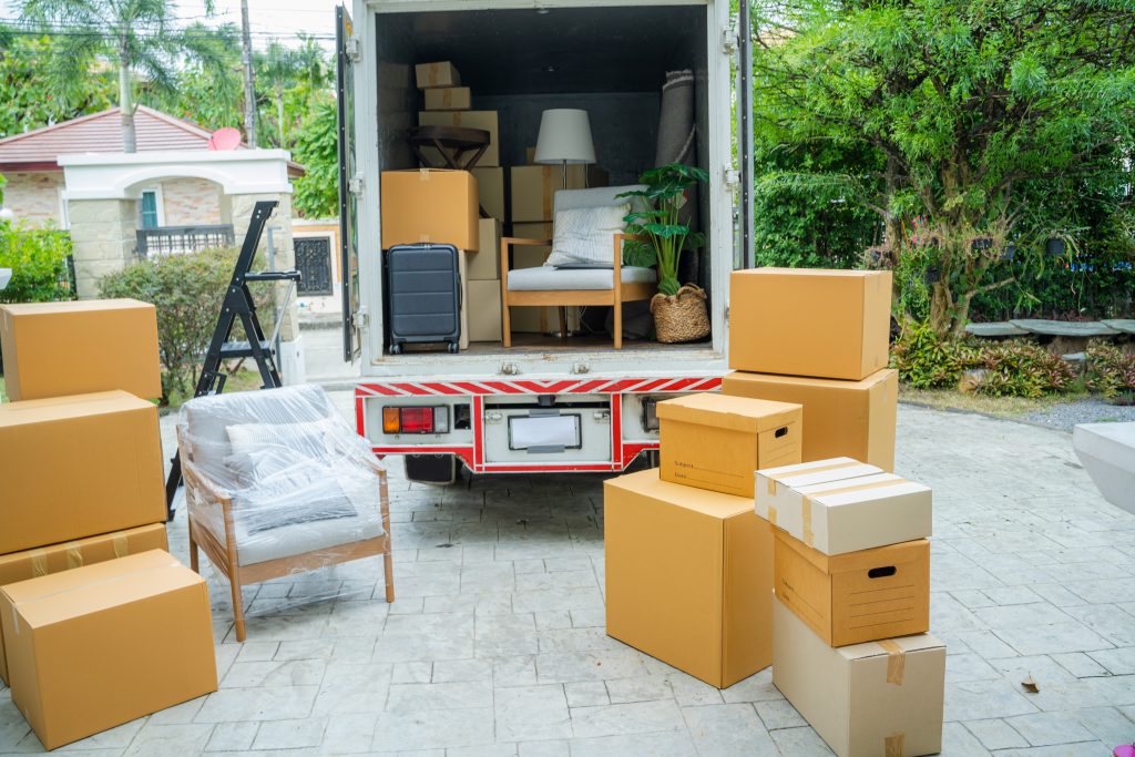 Boxes waiting to be moved into a new home on moving day